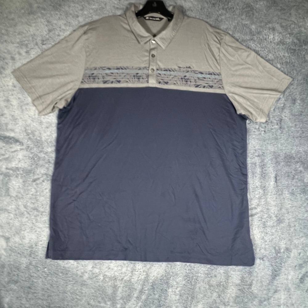 TravisMathew Mens XXL Polo‎ Shirt Grey Navy Blue Colorblock Floral Stripe Cotton